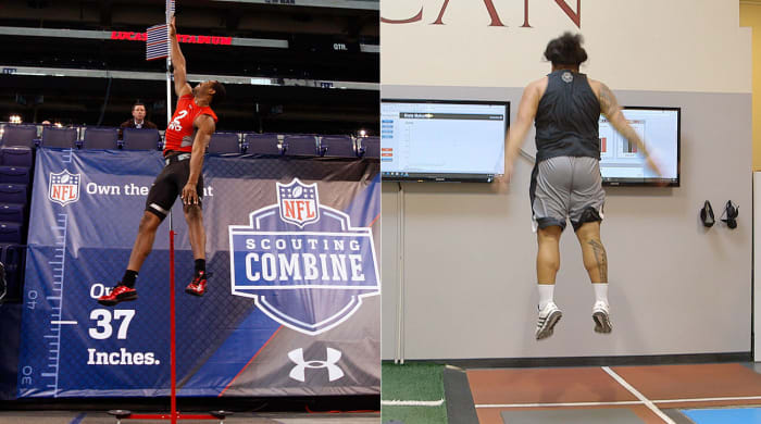 The vertical jump measuring stick, used here by Kenny Britt in 2009, may soon give way to force plates that measure how high a player can jump before he has even touched down.